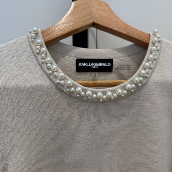 Karl Lagerfeld Cream Pearl Embellished Sleeveless Knit Tank Top – Size Small - Picture 3 of 10